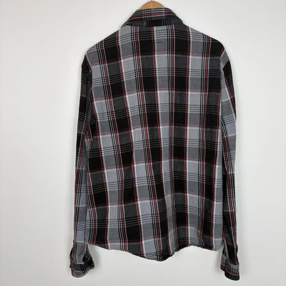 Top Mount Mens Full Zip Snap Grappler Flannel Shirt Size L Black Red Plaid Biker